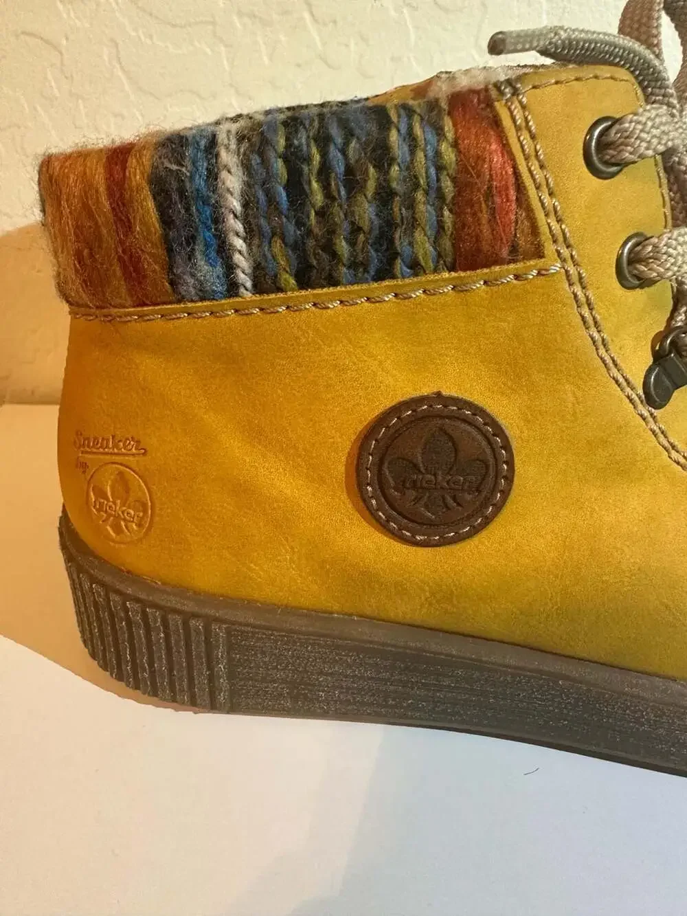 Rieker M6411 Mustard Yellow Faux Fur Lined Lace-Up Ankle Boots - Picture 3 of 6